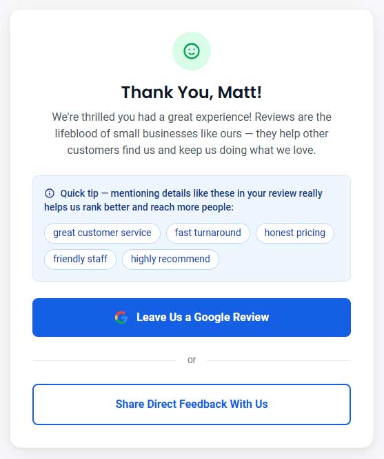 Keyword coaching tips shown to customers before they write a 5-star Google review