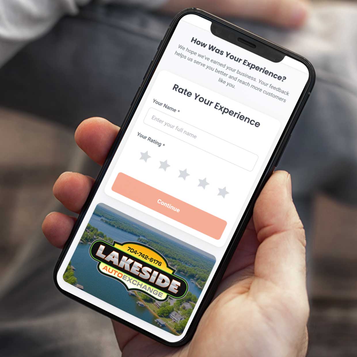 LeaveAReview.net custom review page shown on a phone