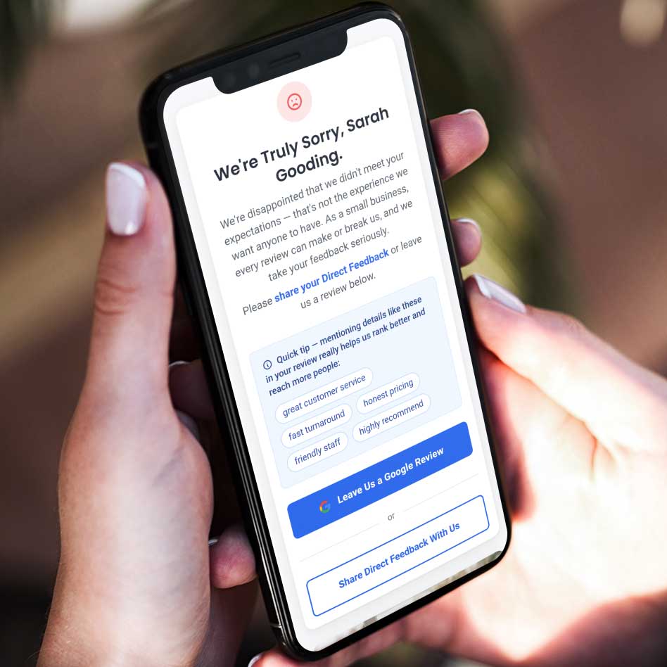 What an unhappy customer sees - direct feedback option alongside Google Reviews
